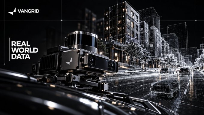 A promotional image for VANGRID featuring a lidar sensor in the foreground with the text 'REAL WORLD DATA' overlaid on a wireframe rendering of a nighttime city street.