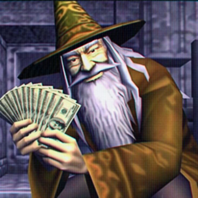 A video game character resembling a wizard with a long purple beard and pointed green hat holds a fan of US dollar bills.