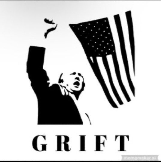 A black and white graphic shows a person raising their fist in front of an American flag, with the word 'GRIFT' displayed prominently below.