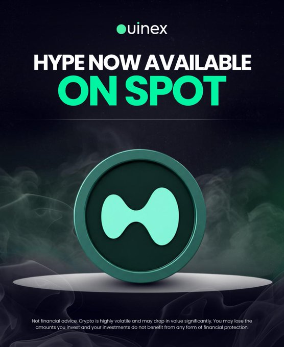 A promotional advertisement showing a green HYPE coin with the H logo, advertising "HYPE NOW AVAILABLE ON SPOT" on the "uinex" exchange, including a financial risk disclaimer at the bottom.