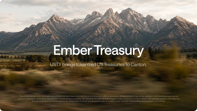 A promotional banner for 'Ember Treasury' featuring a scenic mountain landscape, with the text 'USTY brings tokenized US Treasuries to Canton' and a standard financial disclaimer.