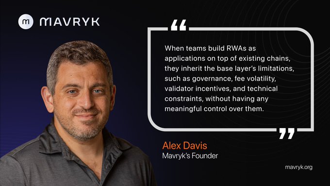 A promotional graphic featuring Alex Davis, Mavryk's Founder, with a quote discussing the limitations of building RWAs on existing chains regarding governance, fees, and validator incentives.