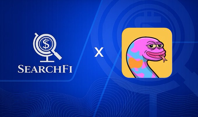 A promotional graphic on a blue background features the "SEARCHFI" logo with a dollar sign magnifying glass on the left and a colorful cartoon snake character app icon on the right, separated by an "x" to denote a collaboration between SearchFi and Slippy Club.