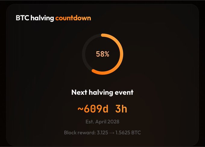 A BTC halving countdown widget displays 58% progress with approximately 609 days and 3 hours remaining until the next halving event, estimated for April 2028, when the block reward will drop from 3.125 to 1.5625 BTC—visually reinforcing the adage that the ideal window to buy Bitcoin is roughly 500 days before this upcoming halving.