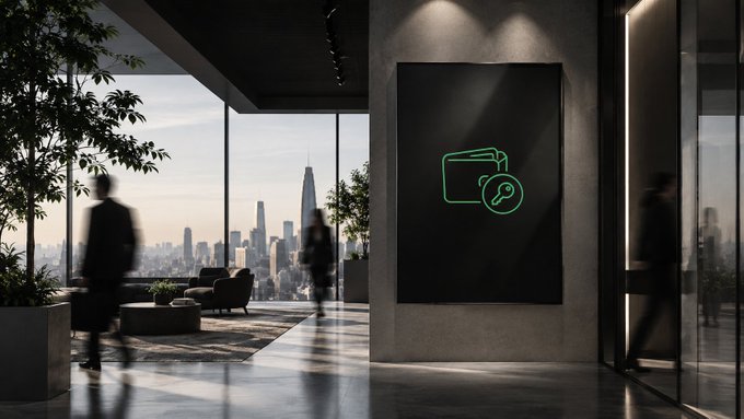 The image depicts a modern, dimly-lit office lobby or lounge space with floor-to-ceiling windows overlooking a city skyline, where blurred figures of people in business attire walk past a glowing green neon sign displaying a wallet and key icon. The visual of the wallet and key symbol reinforces the post's message about self-custody in Web3, emphasizing personal control over assets without intermediaries.
