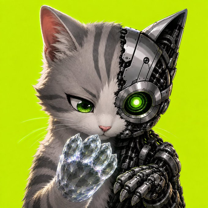 A digital illustration of a gray and white cat with one green eye and one mechanical eye/paw, set against a bright green background.