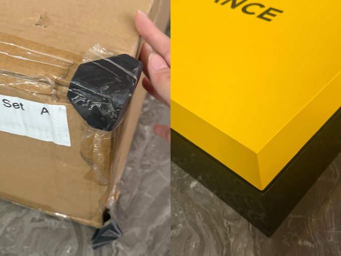 A split image showing a brown cardboard shipping box labeled 'Set A' with black tape on the left, and a yellow box with partial text 'NCE' on the right.