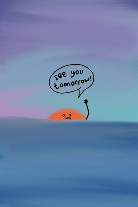 A simple digital illustration of a smiling orange sun setting over a purple and blue ocean, waving goodbye with a speech bubble saying 'see you tomorrow!'.
