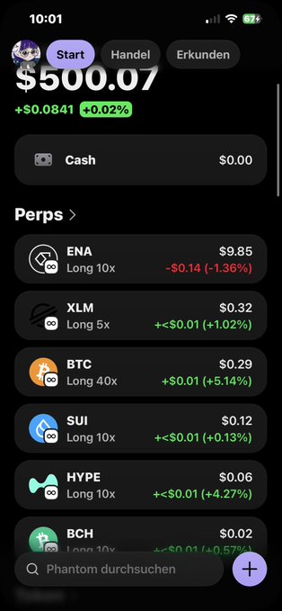 The image shows a phone screen displaying various cryptocurrency trading options, including Bitcoin (BTC), Etherium (ETH), and others. The screen also has a message that reads "Start - Handel", which could be related to the start of a new trading session or an alert for a specific cryptocurrency.