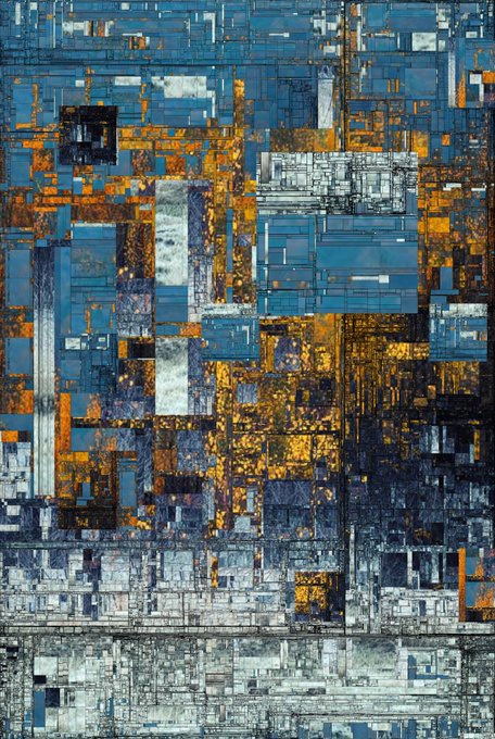 A complex, abstract mixed-media artwork characterized by heavily textured blue, white, black, and orange/yellow geometric patterns, resembling a dense, weathered urban landscape or industrial patchwork.