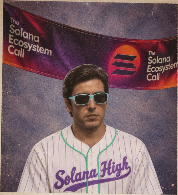A portrait of a man wearing teal sunglasses and a baseball jersey that reads 'Solana High' in purple script, with a banner behind him reading 'The Solana Ecosystem Call' alongside the Solana logo.