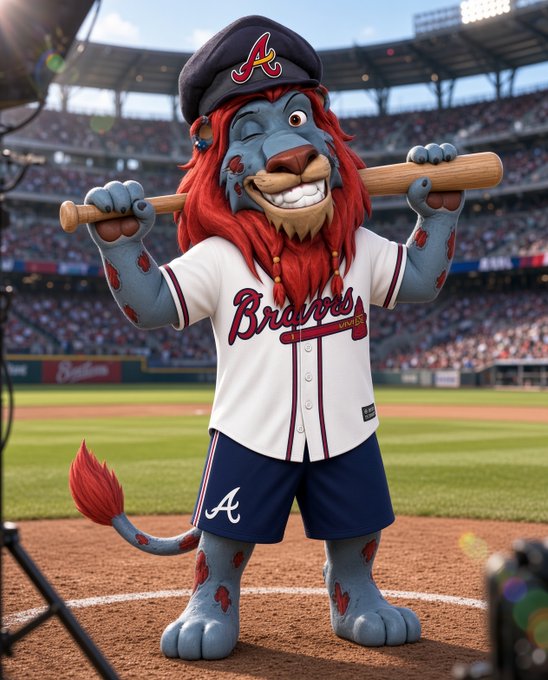 A 3D-rendered mascot character with blue skin, red mane, and a tail stands on a baseball field wearing a Braves jersey and cap, holding a bat over his shoulders.