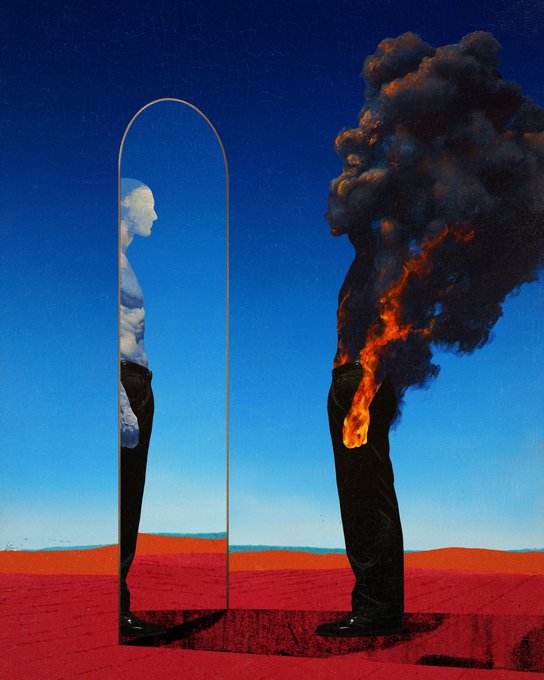 A surreal artwork showing a figure whose head erupts into billowing black smoke beside a tall mirror reflecting a calm, pale figure in a barren red desert—visually embodying the post's "smoke and mirrors" theme and the upcoming ENTROPY NFT release on OpenSea.