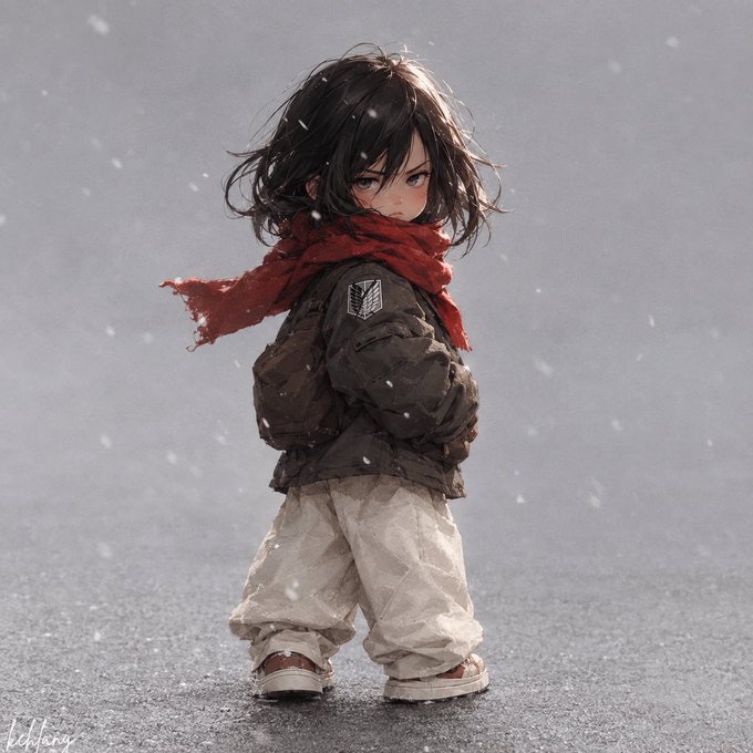 Digital anime-style artwork of a young character with dark hair, wearing a red scarf, dark jacket, and white pants, standing in falling snow.