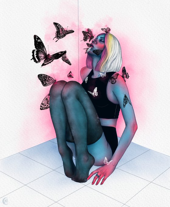 The image features a woman sitting cross-legged with her legs crossed, surrounded by numerous butterflies flying around her head and body. The butterflies are of various sizes and colors, creating an impressionistic and whimsical atmosphere. The background appears to be white, which contrasts with the vibrant colors of the butterflies and the woman's attire. The image is accompanied by a caption that reads "Collected 'Becoming' by @elnaz_hdrz @objktcom #tezostuesday".
