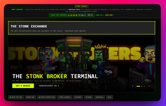 A website screenshot for 'STONK EXCHANGE' and 'THE STONK BROKER TERMINAL' with pixel art characters in suits, set against a pink and purple gradient background.