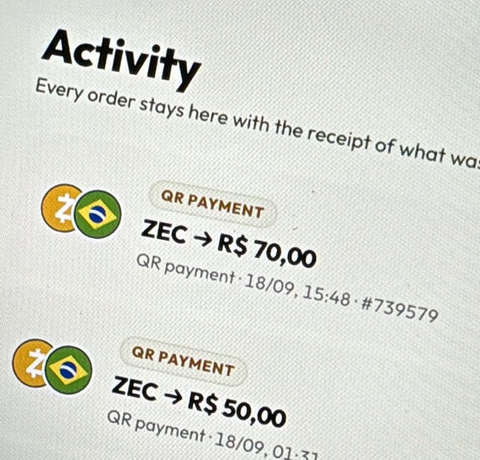 A close-up of a digital receipt titled 'Activity' displays two 'QR PAYMENT' transactions converting ZEC to R$ 70,00 and R$ 50,00.