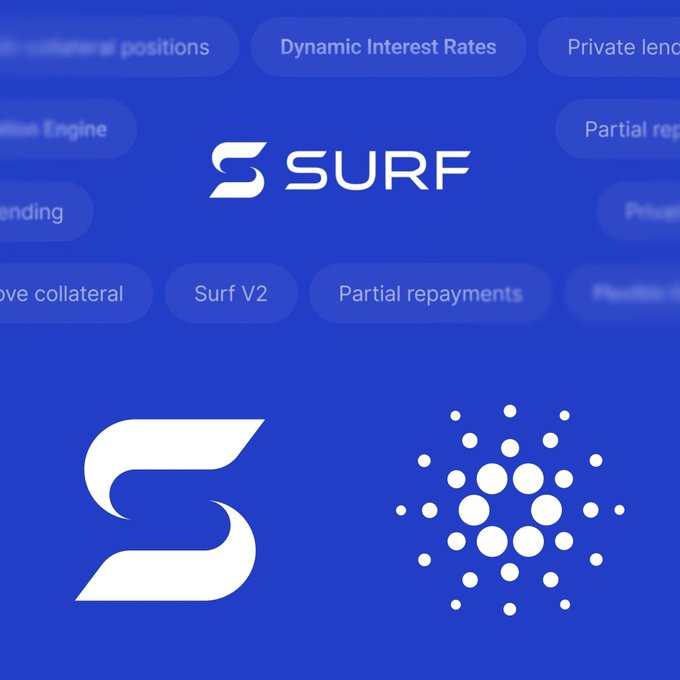 A blue promotional graphic for the 'SURF' cryptocurrency platform, featuring its logo alongside the Cardano (ADA) logo and highlighting features like 'Dynamic Interest Rates' and 'Partial repayments'.