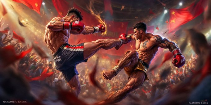Two muscular fighters clash mid-air in a dynamic Muay Thai match, trading powerful kicks inside a packed arena draped in Thai flags, with sparks flying between their gloved fists. The scene is watermarked "NAKAMOTO GAMES" in the bottom corners, illustrating the raw intensity and competitive spirit described for the standalone game *Ultimate Muay Thai*.