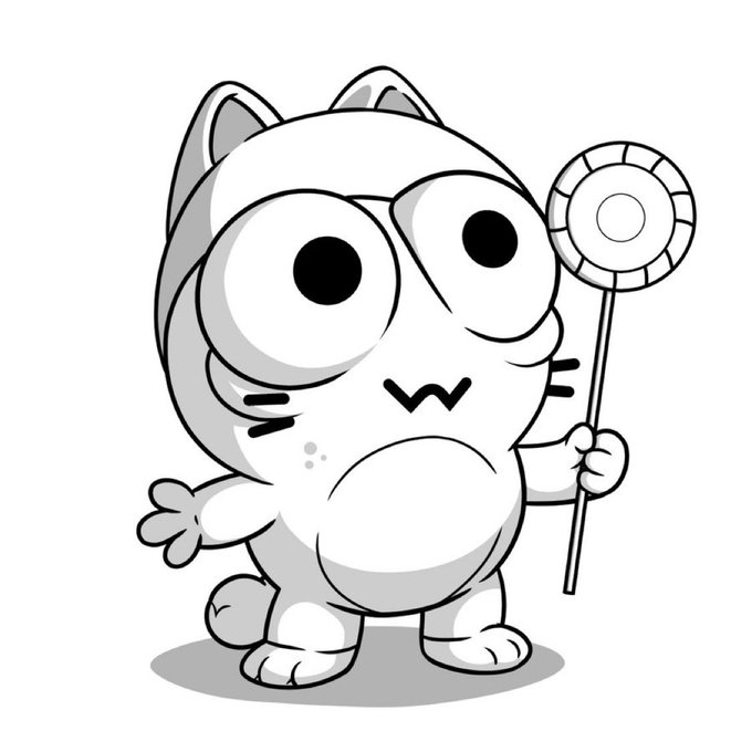 A black-and-white cartoon cat with large, wide eyes stands holding a lollipop-shaped sign on a stick, casting a shadow beneath it. The cute, wide-eyed character pairs well with a cheerful "gm everyone" morning greeting.