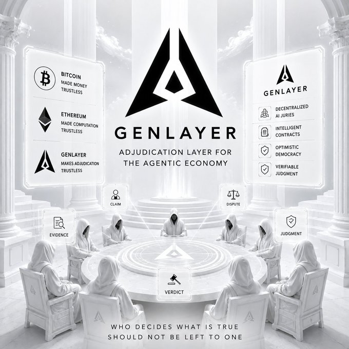 The image is a promotional graphic for "GENLAYER," billed as the "Adjudication Layer for the Agentic Economy," featuring a classical council chamber where hooded figures deliberate around a glowing central emblem, with the tagline "Who decides what is true should not be left to one." Surrounding panels highlight its role alongside Bitcoin ("Made Money Trustless") and Ethereum ("Made Computation Trustless"), while GenLayer "Makes Adjudication Trustless" through features like decentralized AI juries, intelligent contracts, optimistic democracy, and verifiable judgment. The accompanying post captures this vision, arguing that as AI agents proliferate, the harder challenge isn't building smarter agents but solving disputes when two honest parties disagree—something GenLayer aims to address by decentralizing truth arbitration.