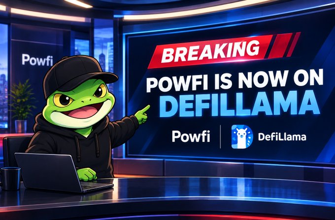 A cartoon green frog mascot wearing a black cap and hoodie points at a breaking news screen reading 'POWFI IS NOW ON DEFILLAMA' with logos for Powfi and DefiLlama.