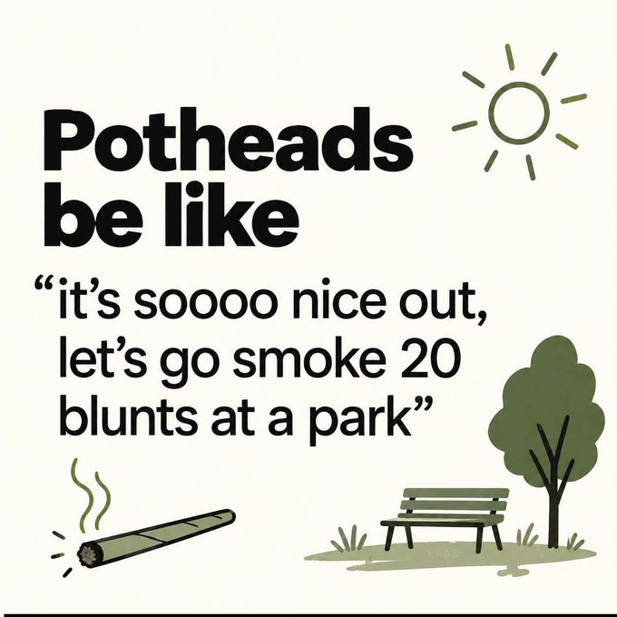 A meme graphic with text reading 'Potheads be like "it's sooooo nice out, let's go smoke 20 blunts at a park"' accompanied by illustrations of a sun, a smoking blunt, and a park bench with a tree.