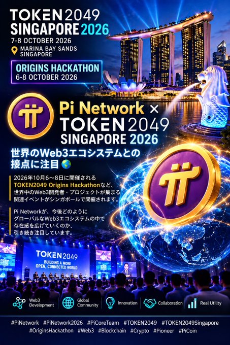 A promotional poster for 'TOKEN2049 Singapore 2026' featuring Pi Network, with text in English and Japanese about a Web3 origins hackathon at Marina Bay Sands.