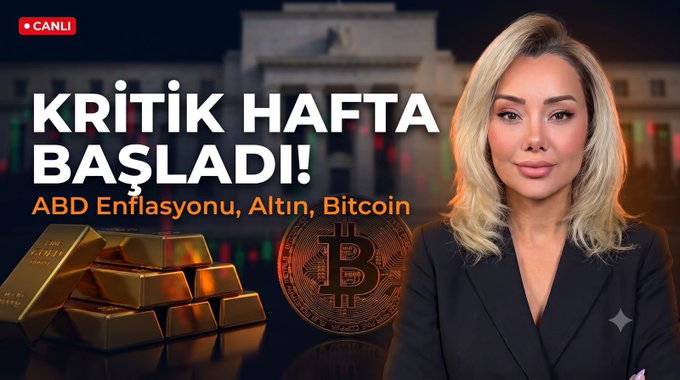 A female host announces a live stream titled "KRİTİK HAFTA BAŞLADI!" covering US inflation, gold, and Bitcoin, with "CANLI" (live) and the date "10 Ağustos" visible alongside gold bars and Bitcoin imagery.