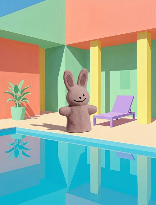 A 3D rendered scene features a cute bunny-like character by a pool with a potted plant and purple lounge chair under colorful walls.