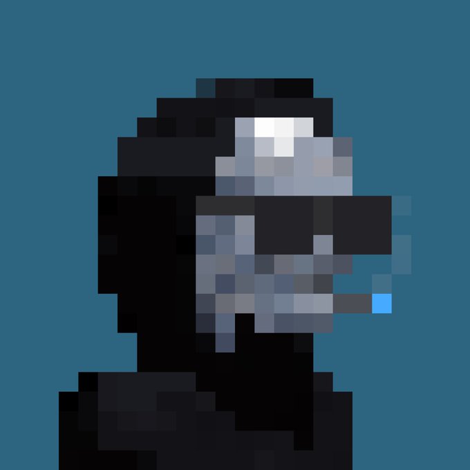A pixel-art portrait of a monkey wearing sunglasses and smoking, set against a teal background, resembling the style of CryptoPunks or similar NFT profile pictures.