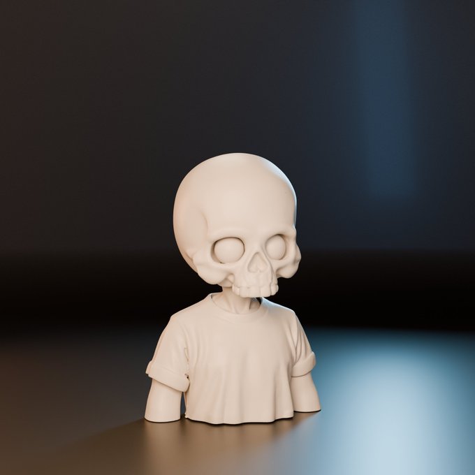 A 3D render shows a stylized, cute white skeleton figure wearing a t-shirt, sitting on a surface under moody lighting.