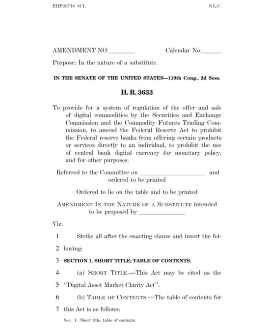 A scanned page of U.S. legislation showing H.R. 3633, 119th Congress, 2nd Session, an amendment intended to propose a bill titled the "Digital Asset Market Clarity Act" regarding regulation of digital commodities.
