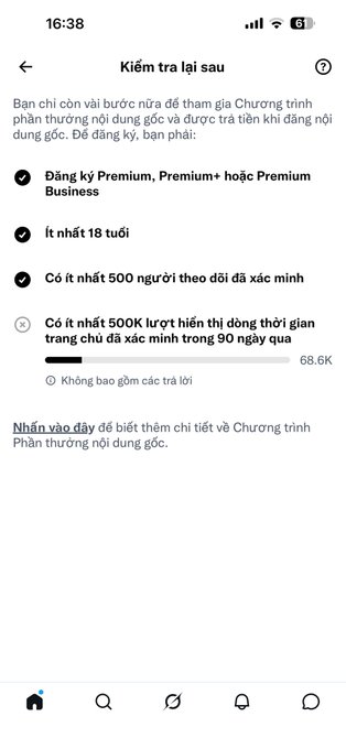 A Vietnamese mobile app screenshot titled 'Kiểm tra lại sau' showing eligibility criteria for a creator program, requiring a Premium subscription, age 18+, 500 followers, and 500K weekly story views.