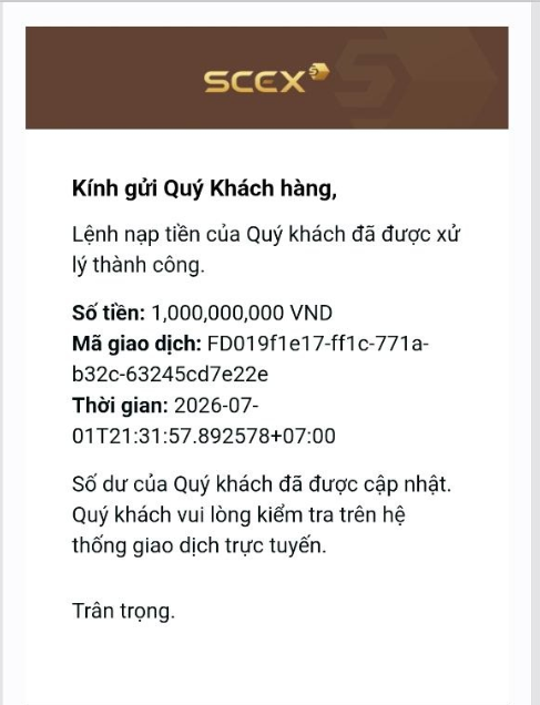 An SCCX5 confirmation email in Vietnamese confirming a successful deposit of 1,000,000,000 VND, transaction code FD019f1e17-ff1c-771a-b32c-63245cd7e22e, dated 2026-07-01.