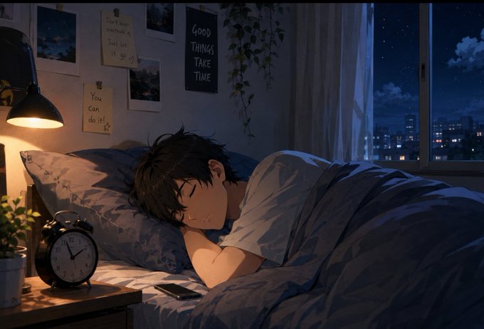 An anime-style illustration depicts a young person with dark hair sleeping peacefully in bed under a blue blanket, with a lit lamp, alarm clock, and a window showing a starry night city view in the background. Posters on the wall read 'GOOD THINGS TAKE TIME' and 'You can do it!'