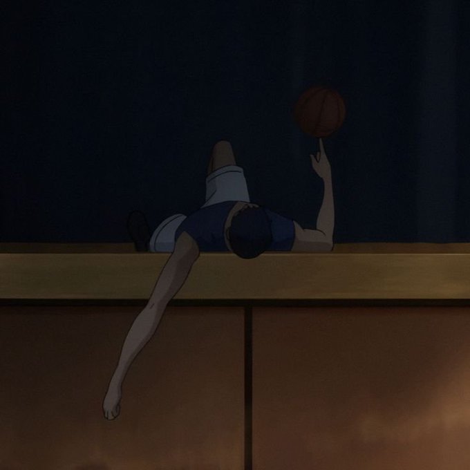An anime-style illustration of a basketball player in a blue jersey reaching for a basketball while partially submerged in or leaning over a ledge in a dark setting.