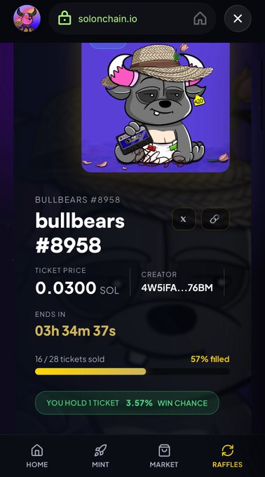 A mobile screenshot from solonchain.io showing a 'bullbears #8958' NFT raffle with a ticket price of 0.0300 SOL, ending in 03h 34m 37s, currently 57% filled, with the user holding 1 ticket (3.57% win chance).