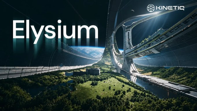 A sci-fi concept art image labeled 'Elysium' showing a massive futuristic orbital ring or megastructure over a green landscape with a 'KINETIQ' logo in the corner.