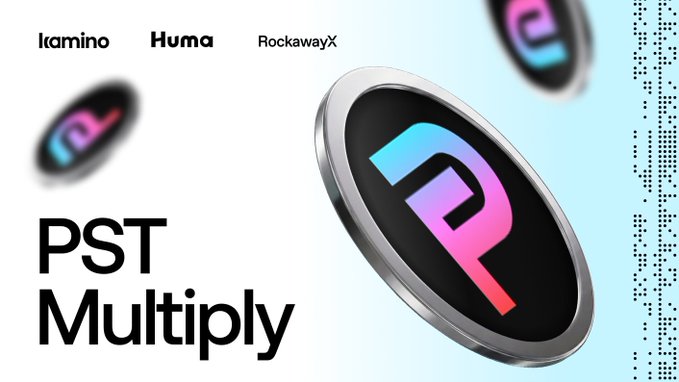 Promotional graphic featuring a stylized metallic coin with a 'P' logo against a light blue background, with text reading 'PST Multiply' and logos for Itamino, Huma, and RockawayX.