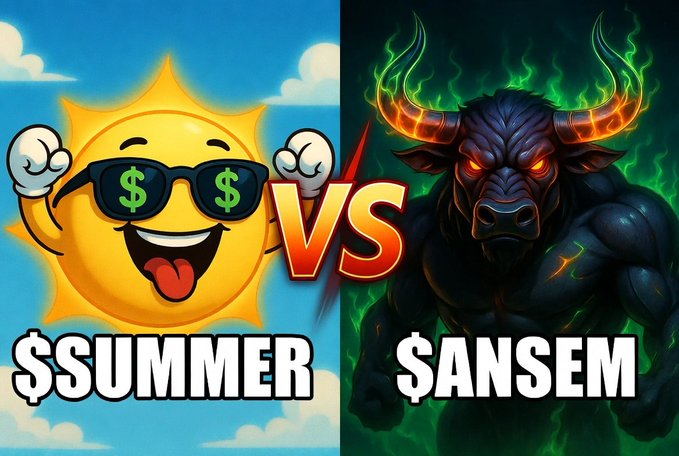A split-screen graphic showing a sunglasses-wearing sun emoji labeled "$UMMER" facing off against a fiery, muscular bull labeled "$ANSEM," with a bold "VS" in between, visually representing the community poll battle between Summer ($SUMMER) and Ansem ($ANSEM) tokens.