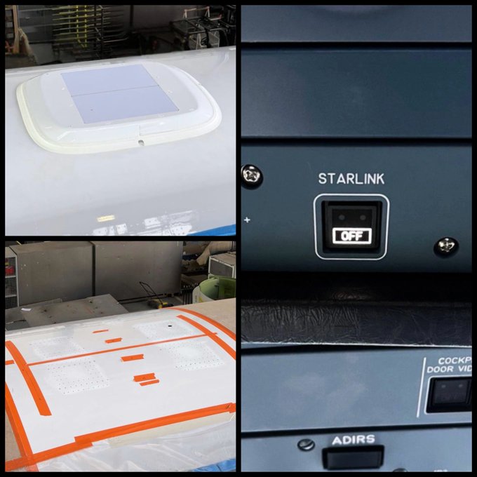 A collage shows a Starlink antenna mounted on an aircraft fuselage (top left), tape markings on a panel for installation preparation (bottom left), and cockpit controls with a "STARLINK OFF" switch, "ADIRS," and "COCKPIT DOOR VIDEO" labels (right), illustrating Lufthansa Technik Budapest's first Starlink installation as part of the group's rollout across its ~850 aircraft by 2029.