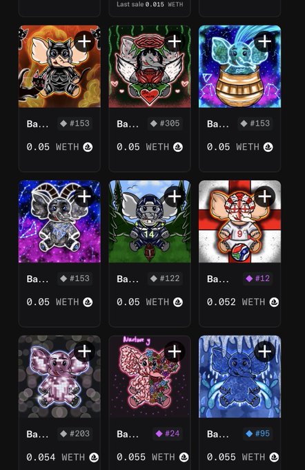 A grid of 9 NFT collectible thumbnails, each priced between 0.05-0.055 WETH with various rarity ratings.
