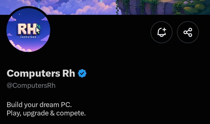 The image shows a Twitter/X profile page for "Computers Rh" (@ComputersRh), featuring a circular logo with a cloud background and a pixel-art character, with the tagline "Build your dream PC. Play, upgrade & compete." This profile relates to the post about a free mint Alpha NFT project, supporting the description of a GameFi-based Robinhood-themed project with a 3,333 supply.