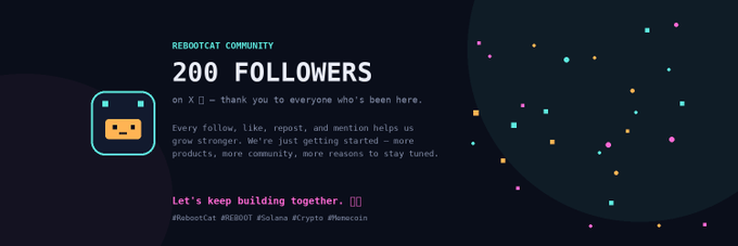 A graphic celebrating RebootCat's 200 followers on X, featuring a pixelated cat logo and the text "REBOOTCAT COMMUNITY — 200 FOLLOWERS — on X — thank you to everyone's been here," with hashtags #RebootCat, #REBOOT, #Solana, #Crypto, and #Memecoin, along with the message "Let's keep building together," visually reinforcing the milestone announcement.