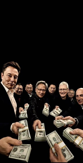 An AI-generated illustration depicting several prominent tech figures, including Elon Musk and other executives, holding stacks of US dollar bills against a black background.