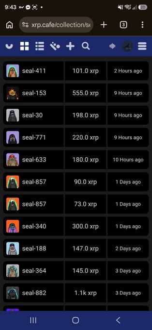 A mobile screenshot of a cryptocurrency collection page on xrp.cafe showing a list of 'seal' NFTs with their XRP amounts and timestamps, including seal-411 at 101.0 xrp, seal-153 at 555.0 xrp, seal-882 at 1.1k xrp, among others.