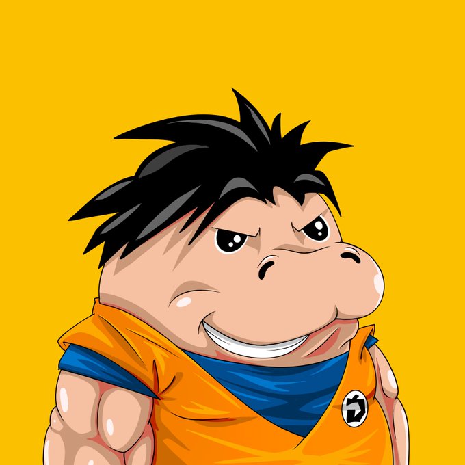 A cartoon illustration of a character resembling a young Goku with spiky black hair, wearing an orange gi over a blue shirt against a yellow background.