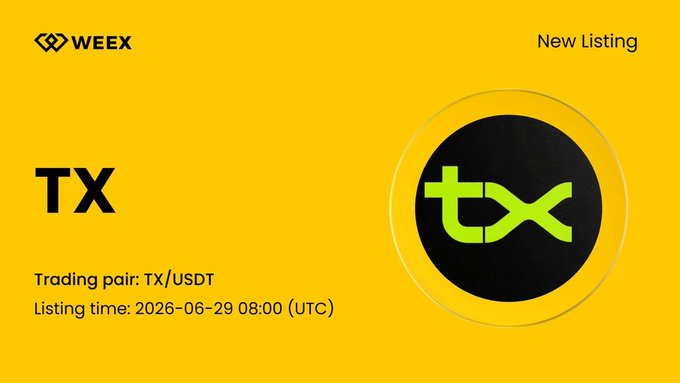 WEEX exchange announces the new spot listing of $TX (TX/USDT) from @txEcosystem, with trading scheduled to open on June 29, 2026 at 08:00 UTC.