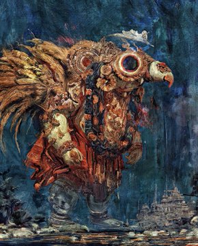 A dark fantasy digital painting depicting a grotesque, heavily armored creature with multiple eyes and a beak-like mouth standing in a desolate landscape.
